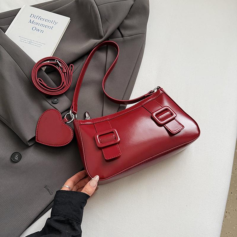 French Style Underarm Single Shoulder Bag Accessory Cute Heart Handbag Solid Pu Leather Lady Bag Small Half Moon Crossbody Bag
