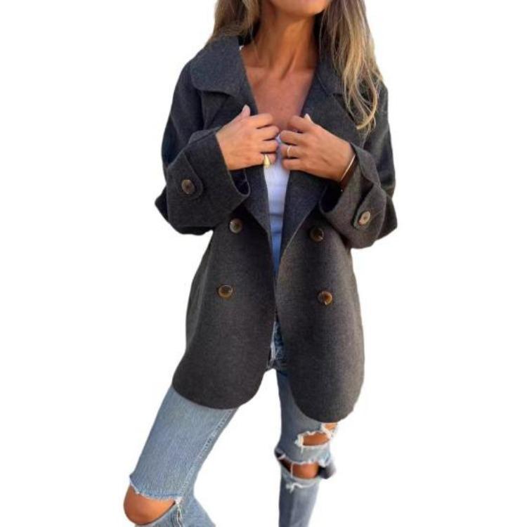 Women Winter Double Breasted Woolen Overcoat Turn Down Collar Loose Fit Thermal Long Sleeve Coat Solid Color Dating Commuting Outerwear