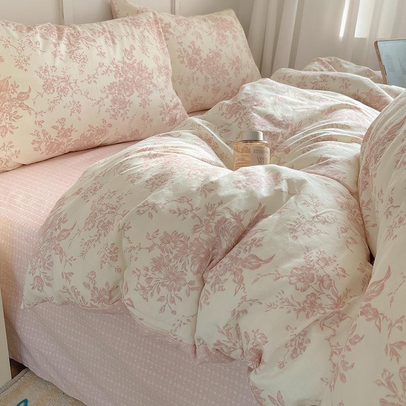 100% Pure Cotton Bed Four-piece Set Skin-friendly Water Wash Bed Sheet Quilt Cover Pillowcase Set