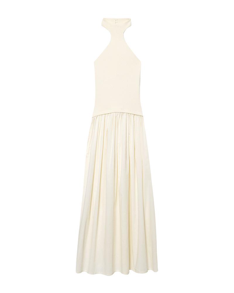 European & American Style Patchwork Halter Neck Backless Midi Dress Small бежевый