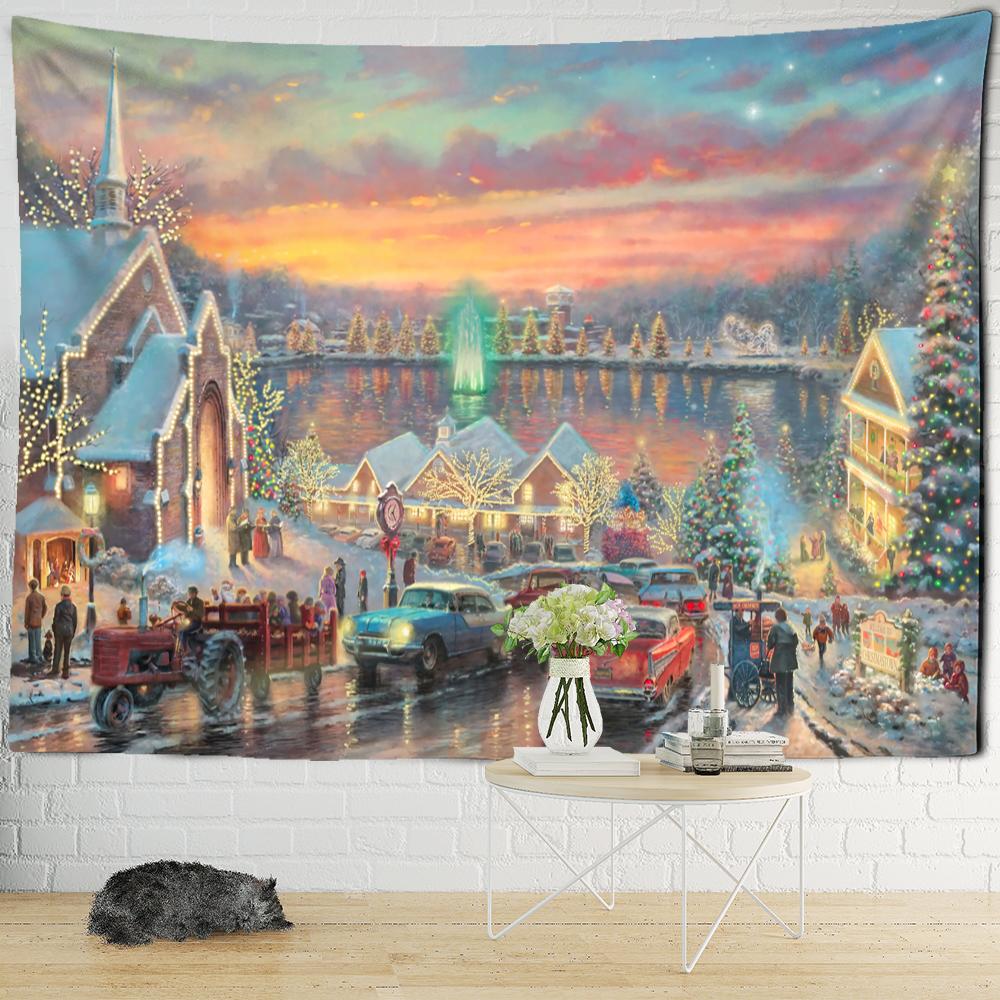 Christmas Snowy Night Travel Map Tapestry Wall Hanging Psychedelic Forest House Illustration Home Living Room Decor
