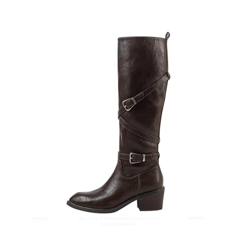 Women's Knee High Boots Mid Heels Fashion Buckle Shoes 2025 Winter Pumps Chelsea Boots New Walking Designer Trend Mujer Botas