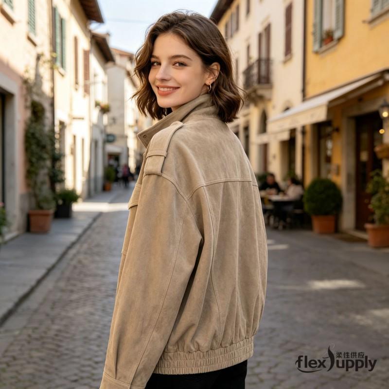 Womens Oversized Faux Leather Jacket In Vintage Streetwear Style PU Material Stand Collar Zipper Front Black Khaki