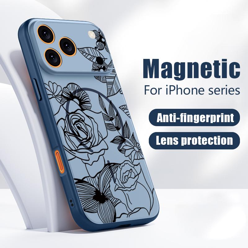 Case For iPhone 17 Pro Max Line Rose Flowers Leaves Pattern Magnetic For Magsafe Hybrid Slim Matte Cover For iPhone 16 15 14 13 Pro Max