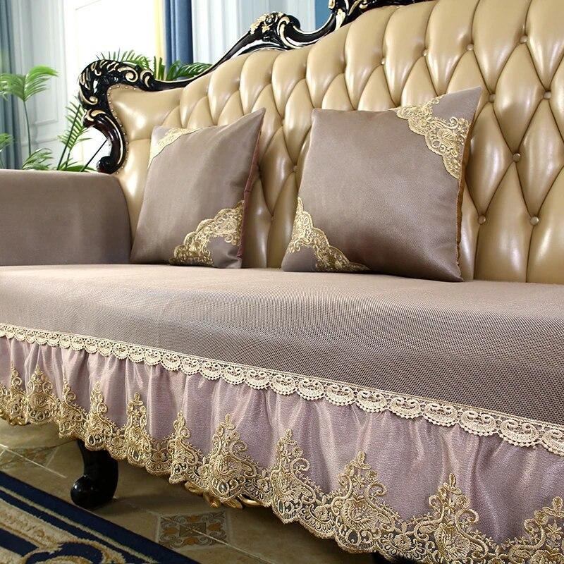 Summer Cool Ice Silk Fabric Slipcover European Luxury Lace Edge Sofa Cover Non-slip Living Room Sofa Protection Seat Cushion
