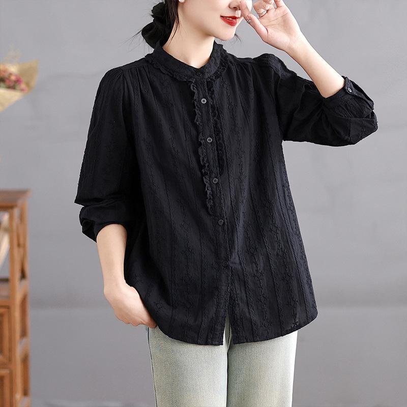 2026 Early Spring Embroidered Cotton Artistic French Shirt for Women Large чёрный