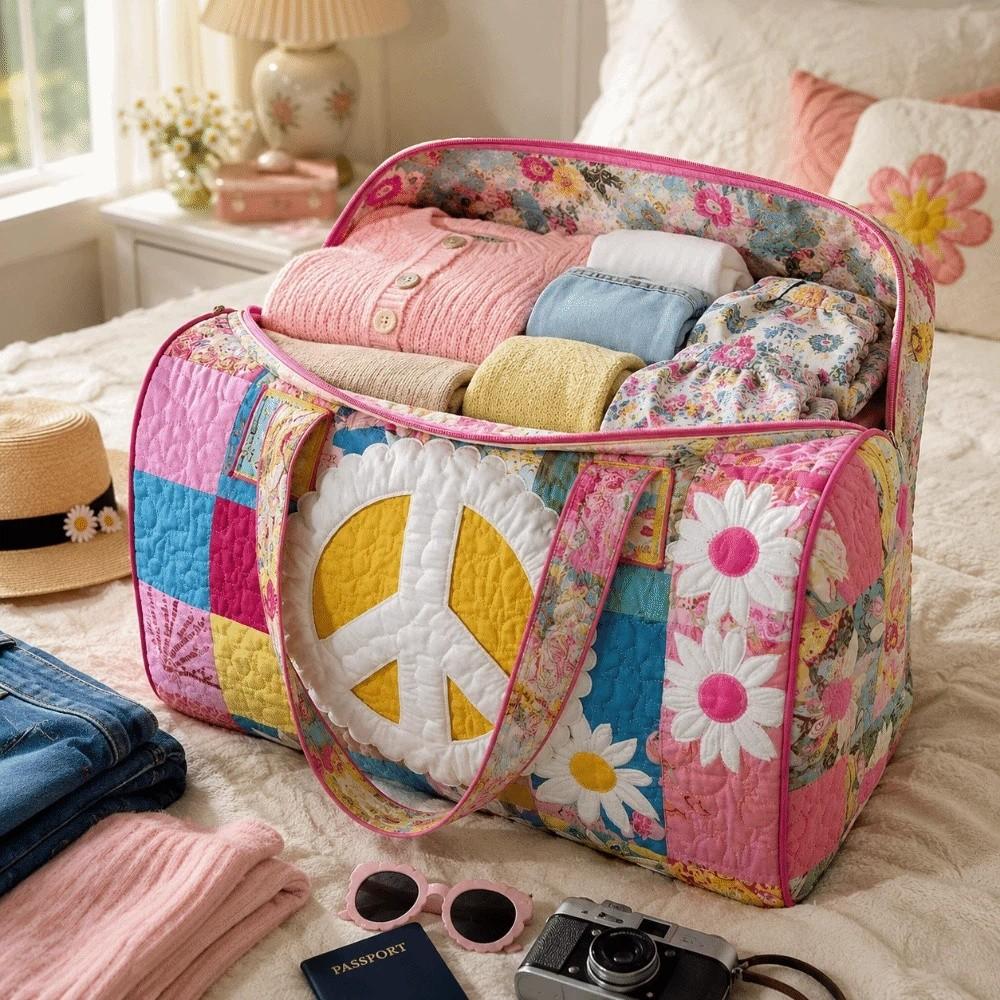 Large Capacity Travel Duffel Bag Printed Carrying Handbag Retro Quilted Duffle Bag Camping