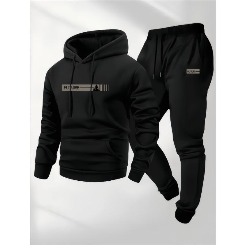 Men s Hoodie Sweatpants 2 Piece Set Casual Sportswear Tracksuit Winter Warm Pullover Joggers For Men L чёрный
