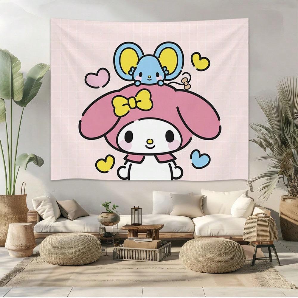 Sanrio My Melody Printed Tapestry Pink Cartoon Cute Bedroom Living Room Background Wall Decoration Dormitory Apartment