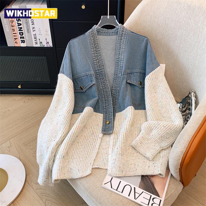 Fett mm200 Pfund Vintage Denim Patchwork Pullovermantel ins Mode Frau 2024 Herbst und Winter Verdickt Locker Nische Strickjacke