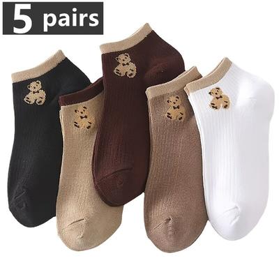 5 Pairs of Socks, WOMEN'S Spring and Summer Thin Solid Color Teddy Bear Cartoon Boat Socks