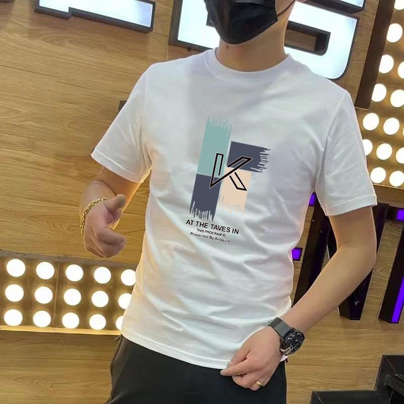 

Мужская футболка из чистого хлопка в гонконгском стиле, новая летняя новая футболка с короткими рукавами и круглым вырезом, универсальная свободная, впитывающая пот, мужская одежда с половиной рукавов