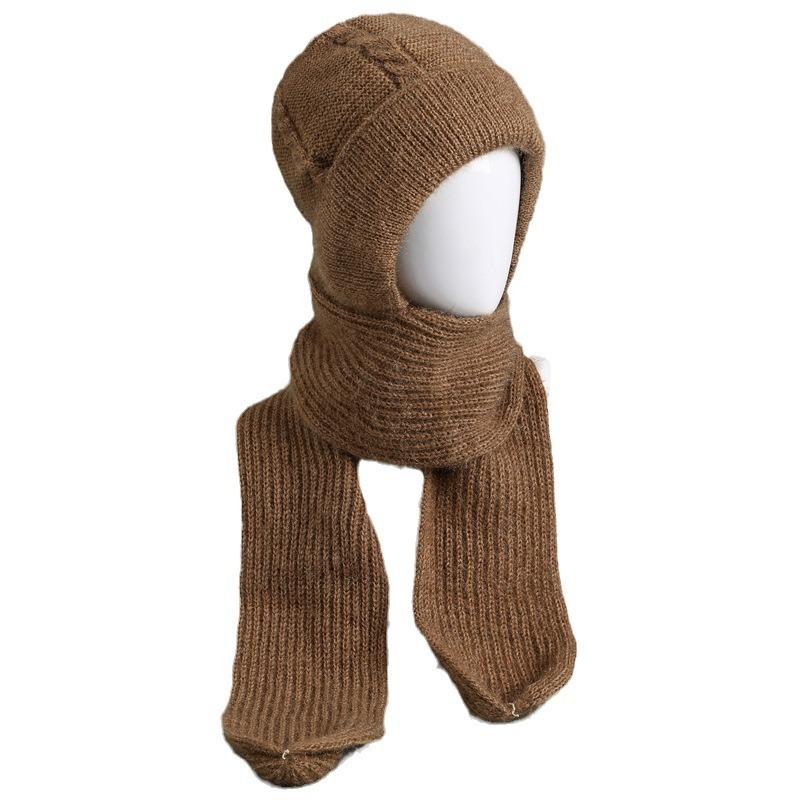 Hat and scarf integrated fleece thickened snow hat autumn and winter cycling wool woven women's thermal hat