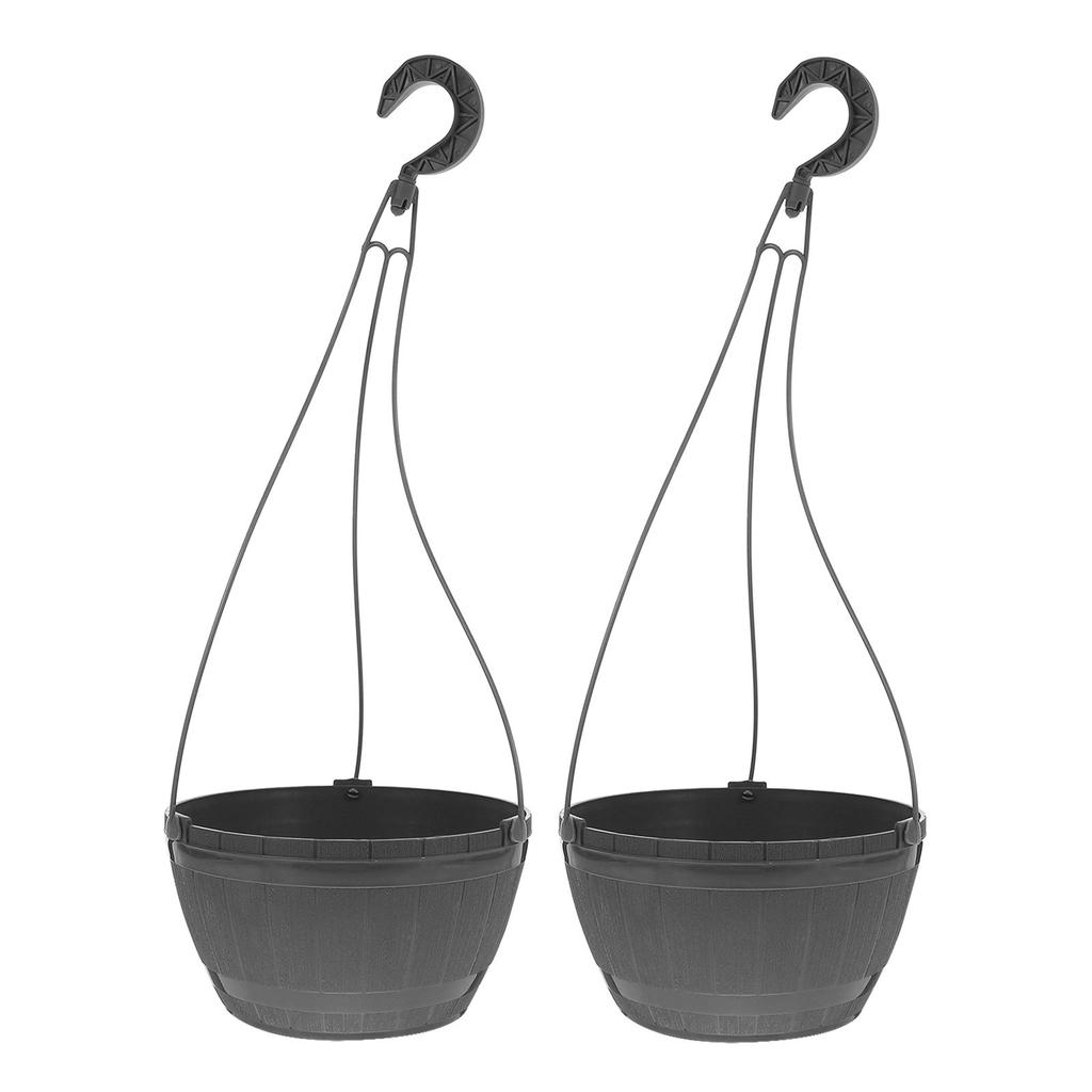 2Pcs Plastic Hanging Planter Pots Self-Watering Feature Faux Wood Barrel Texture Balcony Patio Garden Indoor Outdoor Hanging