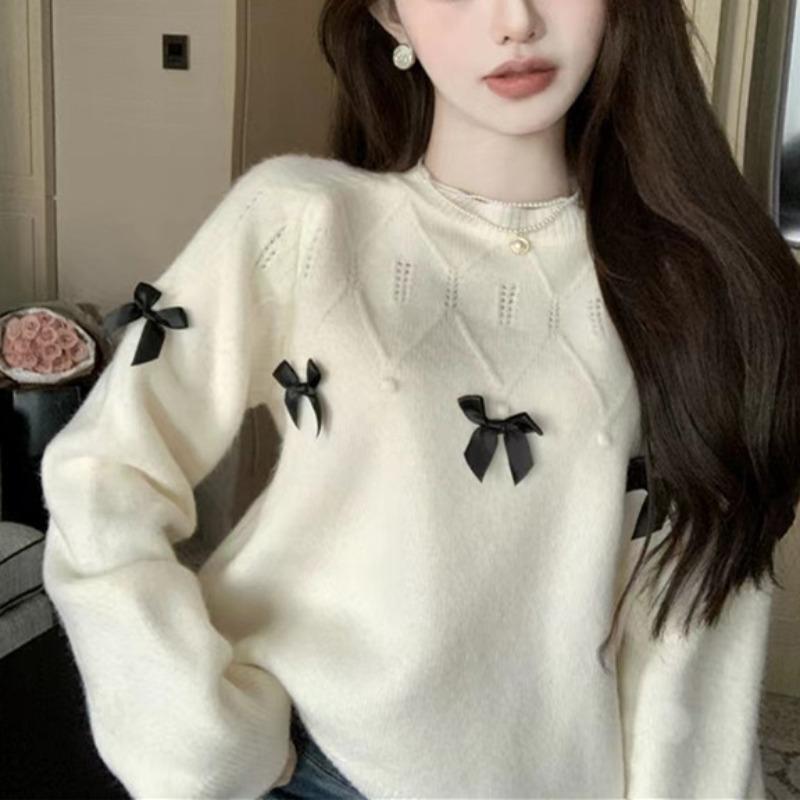 Autumn and winter tops, bow sweaters, round necks, chic women's small knitted bottoms