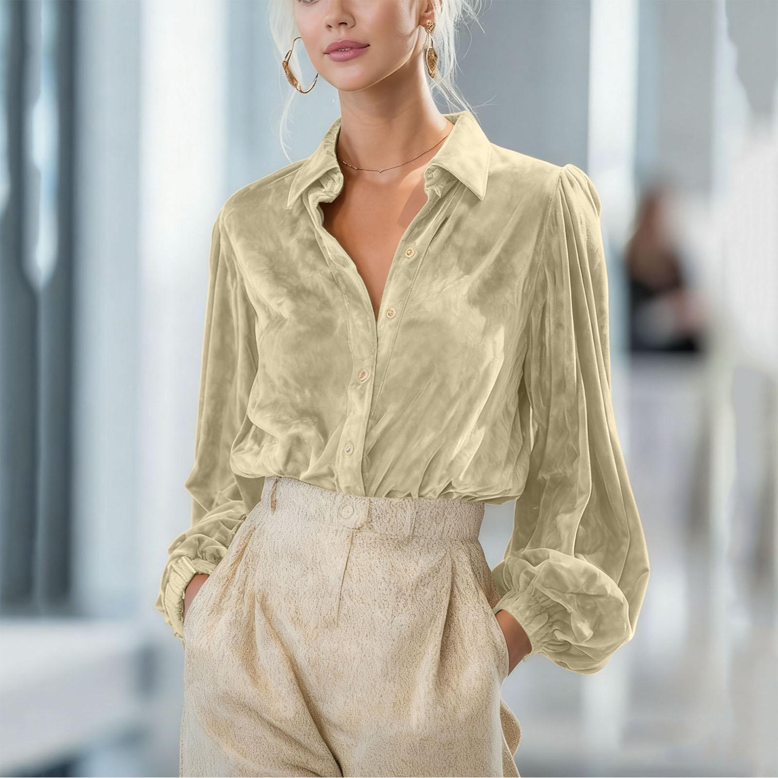 

Женская модная повседневная рубашка с длинным рукавом, V-образным вырезом и пуговицами по всей длине -Разноцветная L бежевый