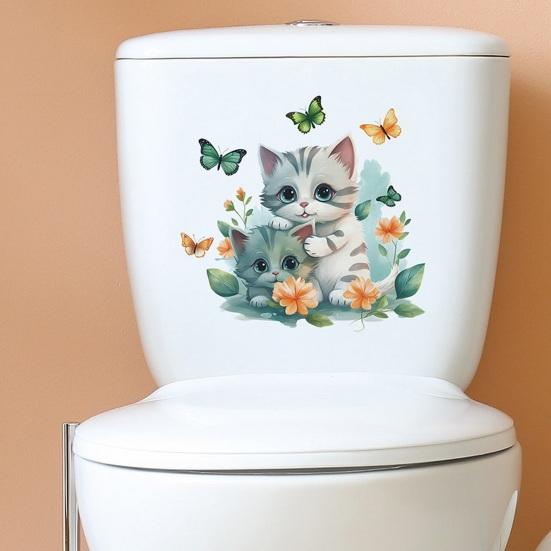 Adesivo per toilette con farfalle di gatto cartone animato, rimovibile, autoadesivo, in PVC impermeabile, soggiorno, camera da letto, bagno, arte della parete, decorazione floreale per animali