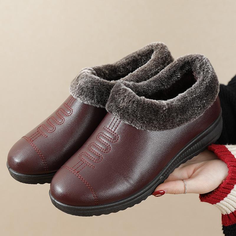 Shoes cotton shoes velvet winter flat bottom non-slip warm elderly middle-aged women leather shoes winter shoes