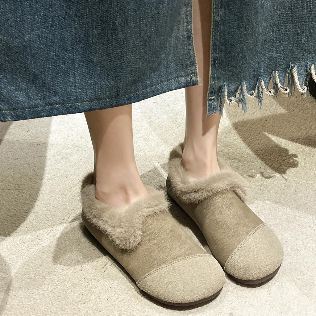 Hairy edge beanie shoes women's winter retro one-pedal lazy soft-soled cotton shoes velvet loafers women