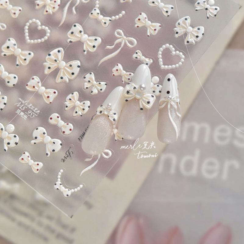 Heart Pearl Nail Stickers Small Fresh White Bow Ribbon Nail Charms Stickers Self Adhesive Nails 3D Decorations Parts Diy Decals