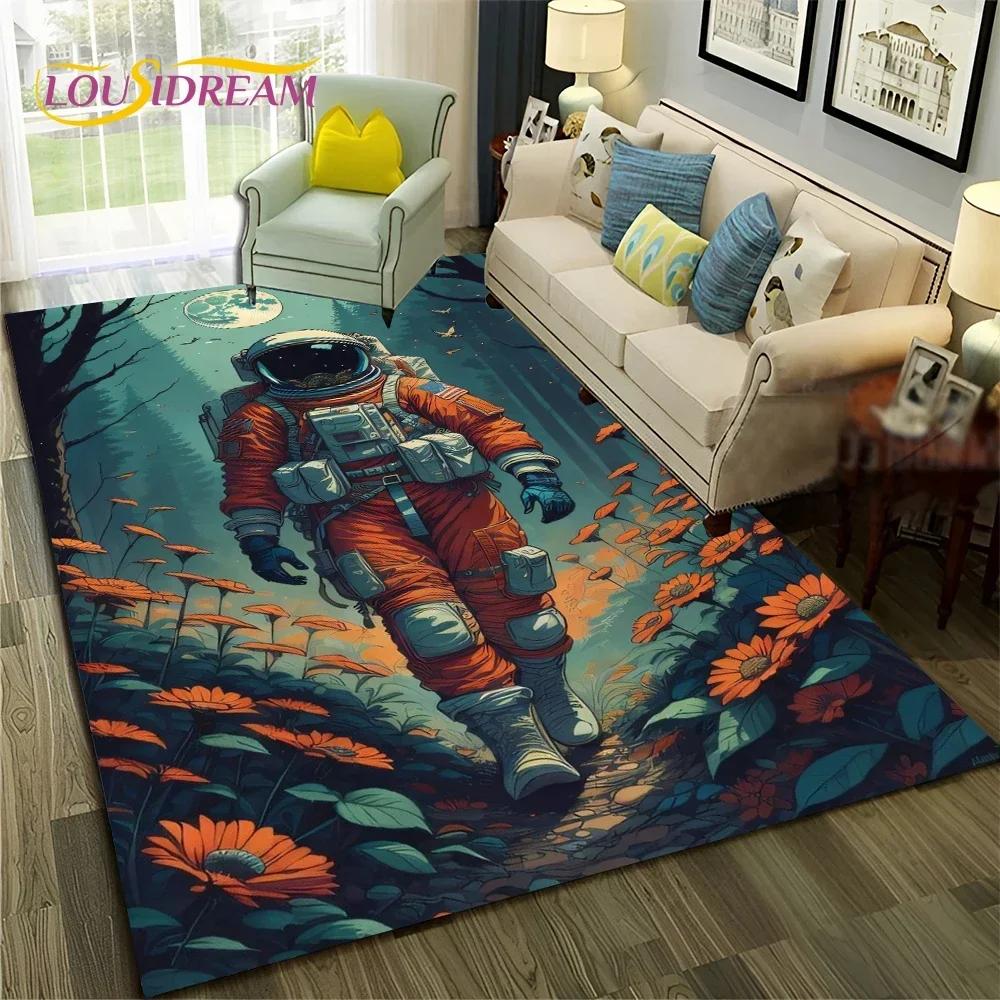 Outer Space Astronaut Planet Cartoon Carpet Rug for Home Living Room Bedroom Sofa Doormat Decor,Kid Area Rug Non-slip Floor Mat