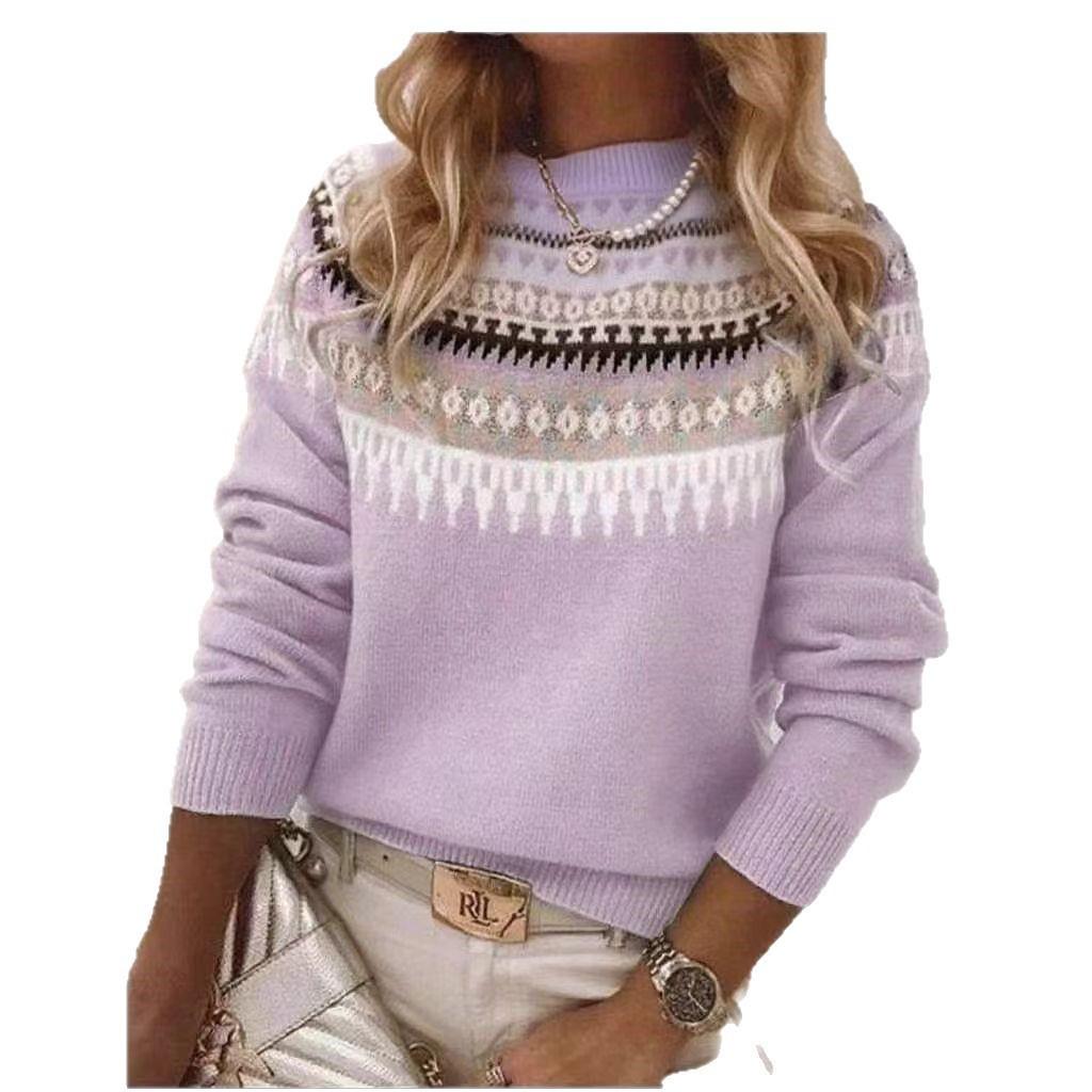 Winter Round Neck Color Blocked Loose Fashion Pullover Knitted Sweater Top For Women