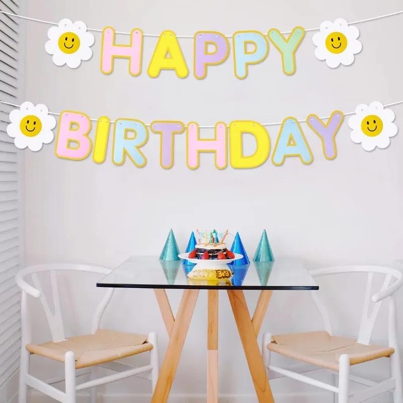 1PC Daisy Happy Birthday Party Decoration Banner Children Adult Scene Colorful Flags Party Photo Props