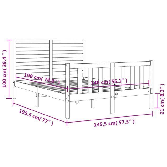 VidaXL Cadre de lit avec tête de lit 140x190 cm bois massif 3193186