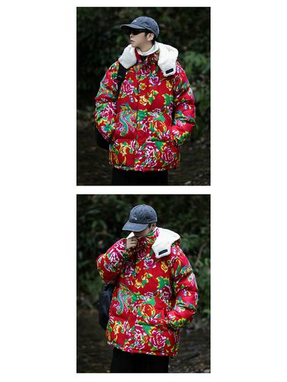 A1 Hanfu Team Uniform: Warm Couple's Lambswool Coat with Detachable Hood, Chinese Style, Cold-Protection, Big Flower Design.