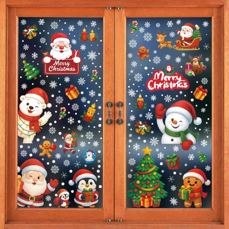 Christmas Static Cling Stickers - Reusable Santa Snowflake Window Decals for Glass Tiles with Slavic Folk Motifs