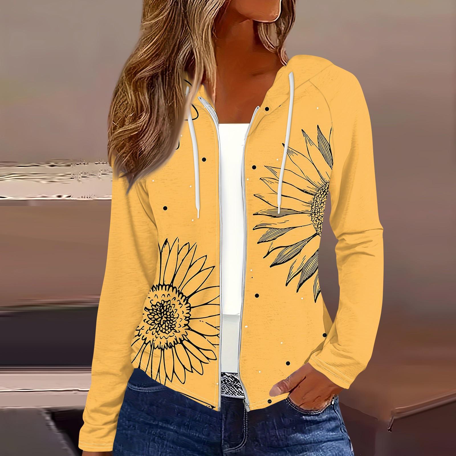 

Женская мода повседневная застежка-молния с капюшоном и принтом с длинным рукавом толстовки пальто L жёлтый