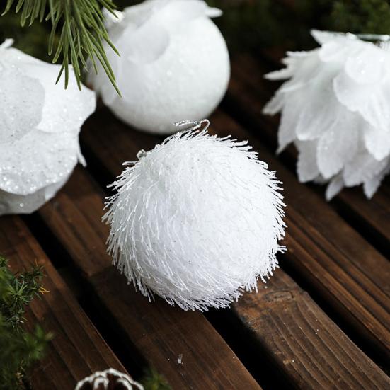 8CM White Foam Christmas Ball Ornament Snowy Holiday Decoration Lightweight Sequin Xmas Tree Hanging Pendant for Home New Year