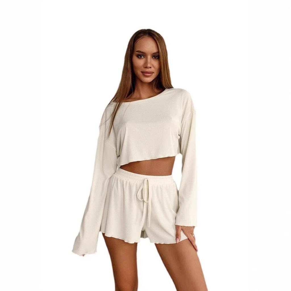 2025 Summer Knit Ribbed Long Sleeve Pajama Set for Women - Comfortable Homewear