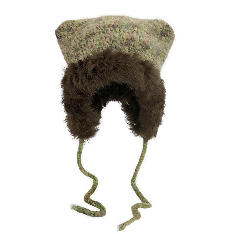 Cute Plush Hat Women's Autumn and Winter Colorful Fringed Braids Knitted Pullover Hat Ear Protector