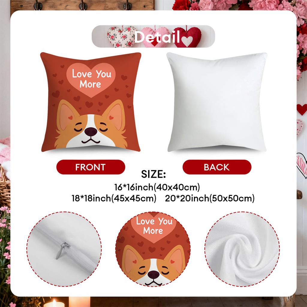 4pcs Valentine'S Day Throw Pillow Covers | Love You More Puppy Kitten Heart Designs, Zip Closure, Polyester