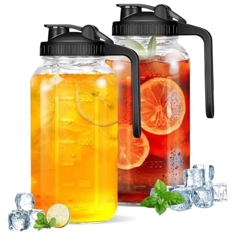 Glass Pitchers With Lid, 32/64 Oz Sun Tea Pitcher, Half Gallon Mason Jar Pitcher With Wide Mouth Airtight Lid