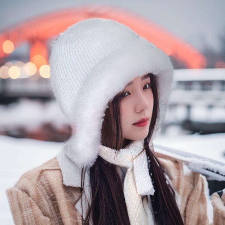 Korean Rabbit Fur Autumn and Winter Hats Women's Winter Knitted Ear Protecting Hats  Cycling Hats with Fleece  Windproof and Warm