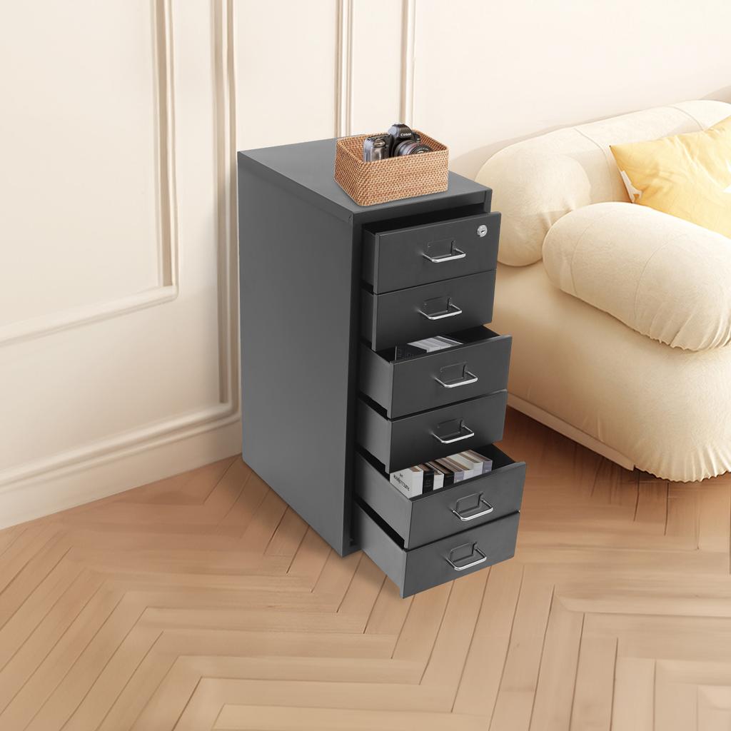 6-Tier Black Metal File Cabinet with Lock & Wheels, Vertical Filing Storage for Home Office, Modern Steel Cabinet, 28x41x69cm