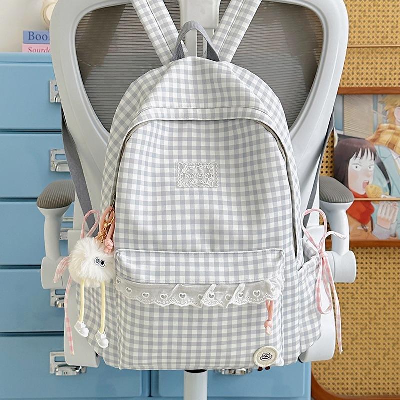 Schoolbag Korean fresh plaid corrugated backpack girl heart lace small schoolbag girls junior high school students female commuter bag