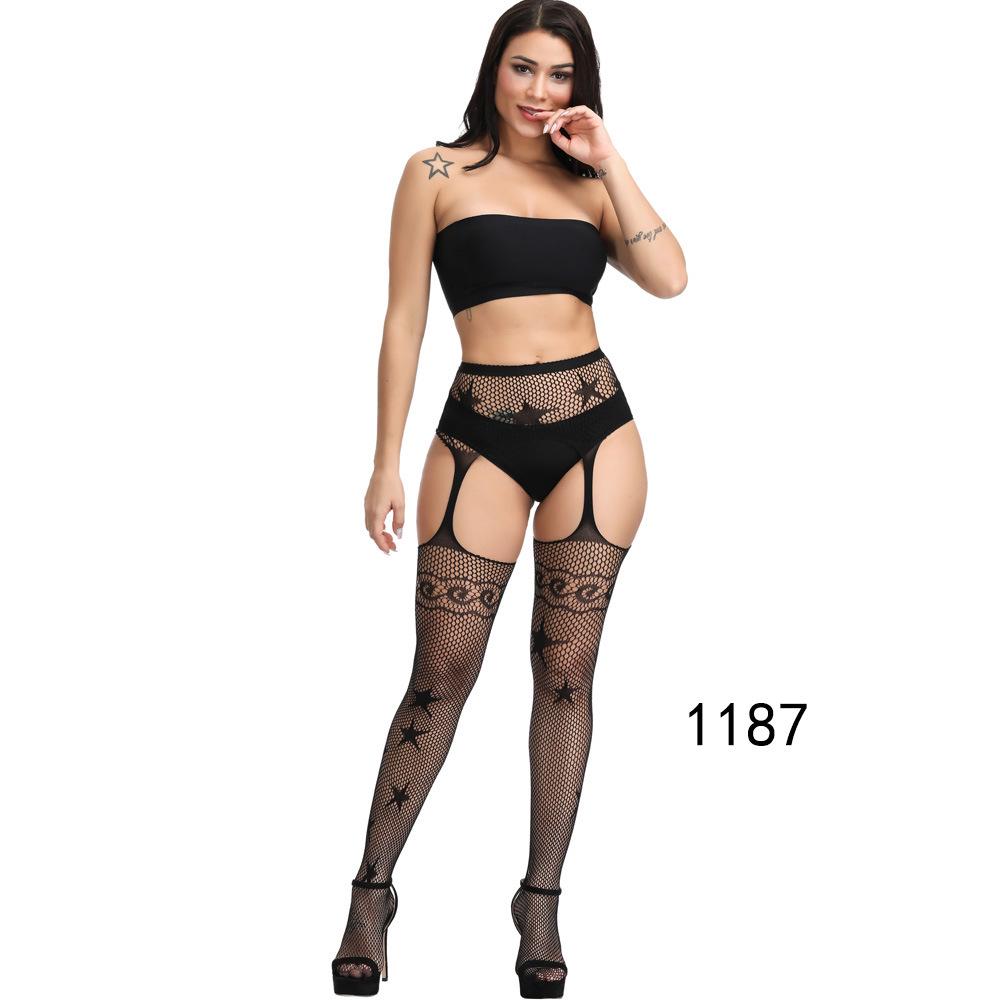 European & American Plus Size Fishnet Bodysuit: Sexy Open Crotch Hollow-Out Jacquard Suspender Stockings
