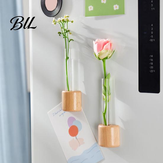Glass Test Tube Planter Fridge Magnet Vase Clear with Wooden Base Non-drill Magnetic Mini for Flowers Herbs Refrigerator Kitchen Decor Decoration