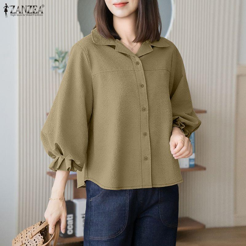 ZANZEA Women Casual Turn Down Collar Solid Color Loose 3/4 Sleeve Blouse