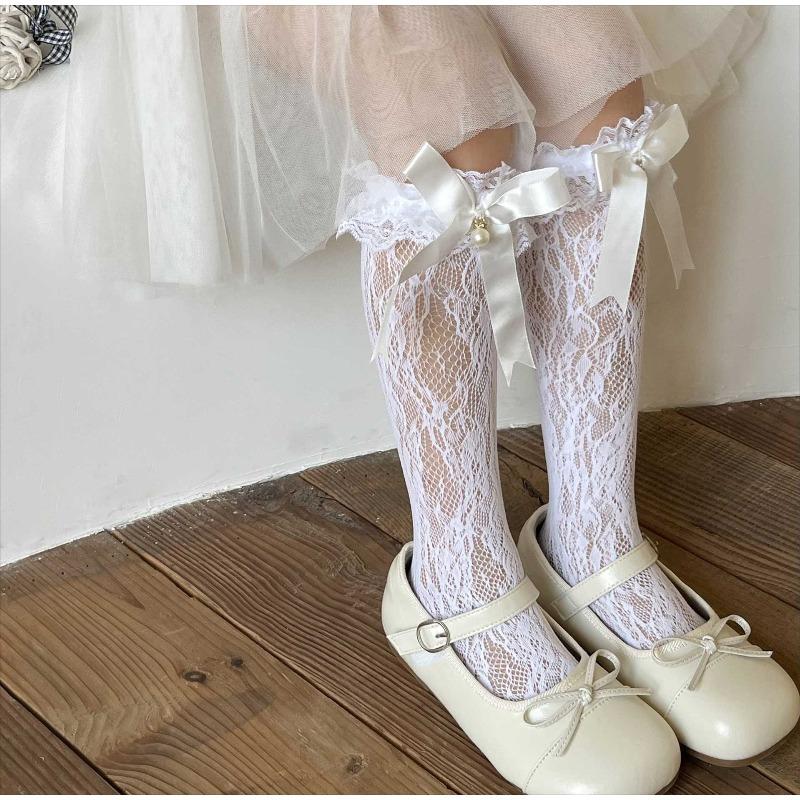 Children's Socks Summer Lolita Wooden Ear Mesh Ribbon Large Bow Mid-tube Socks for Girls