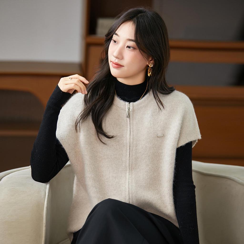 Women's Pure Wool Knit Vest Cardigan - Round Neck, Drop Shoulder, Loose Fit, Sleeveless, Zipper Jacket