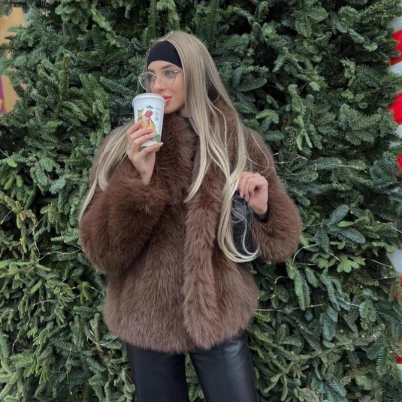 New lapel fox fur coat wool coat women's autumn and winter thickened warm imitation fur coat