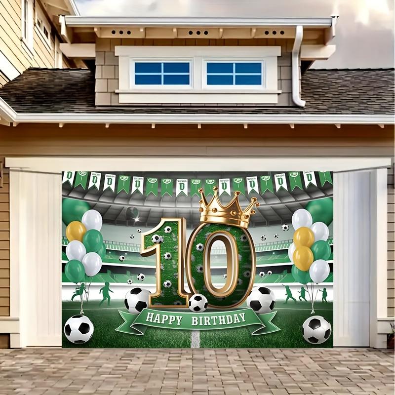 1pc Football-themed 10th Birthday Party Banner - Polyester Background with Football and Player Outlines, Green "Happy Birthday"