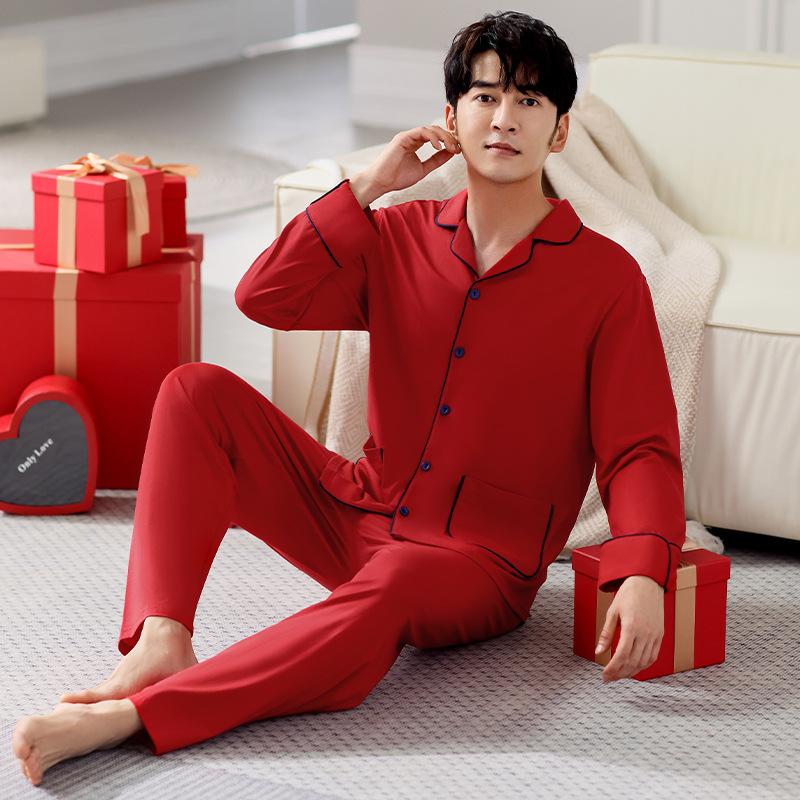 

Wedding Red Pajamas Men S Pure Cotton Long-Sleeved Cardigan Groom S Wedding Loungewear Spring And Autumn Suit Men XL