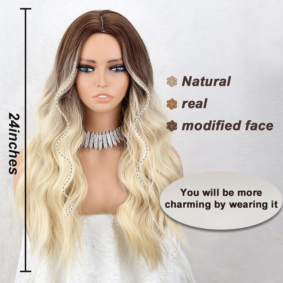 MISSQUEEN Ombre Brown Light Blonde Platinum Long Wavy Middle Part Hair Wig Cosplay Natural Synthetic Fiber Wig for Women