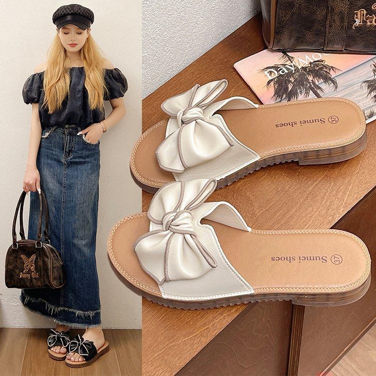 Sandals female summer soft sole flat heel fairy wind bow women's shoes beach travel vacation wear Internet celebrity soft leather sandals