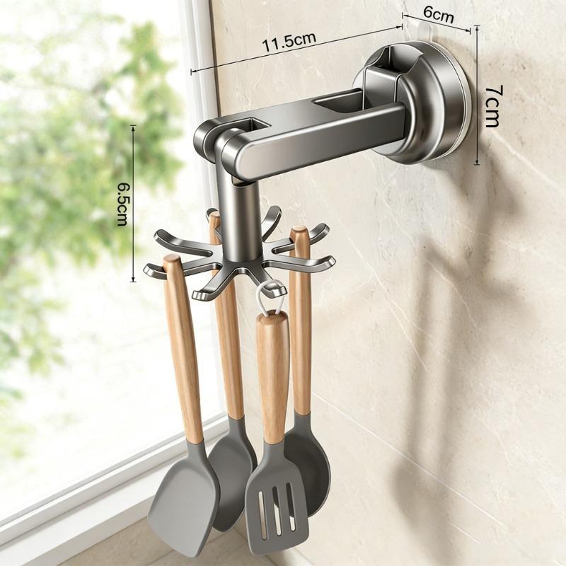 

Kitchen Suction Wall-mounted Multi-functional Storage Rack, with Integrated Storage Featuring No-drilling and Rotatable Hooks 1pcs